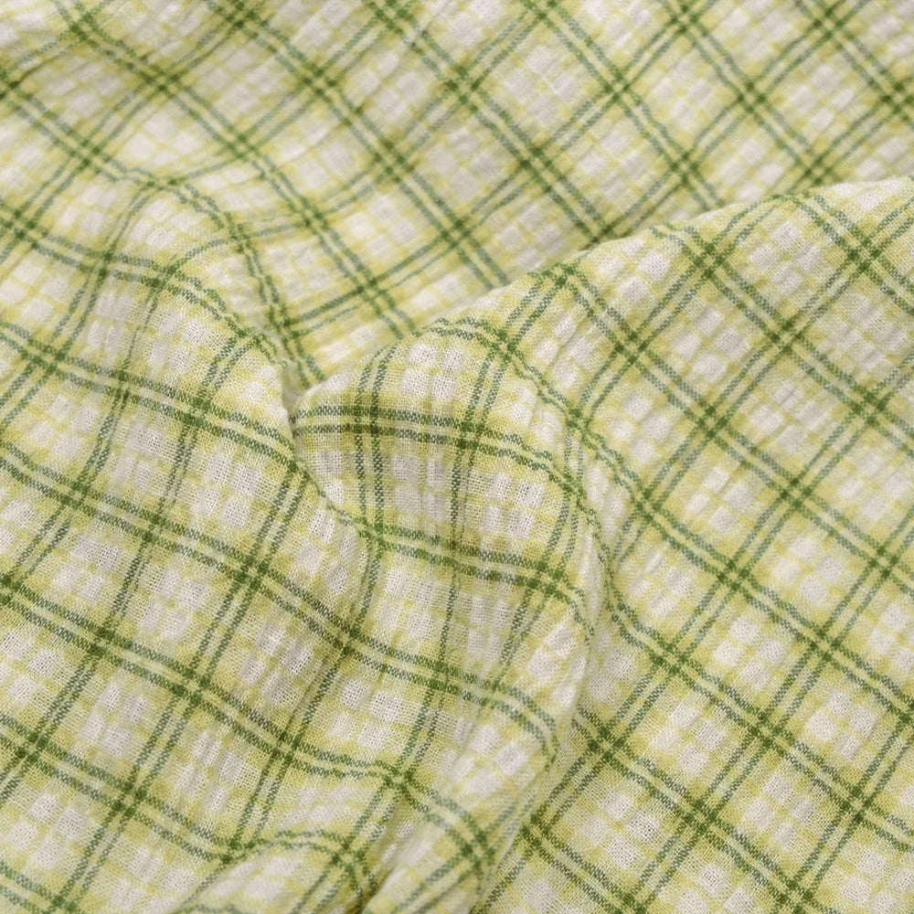 Plaid Hemp Lyocell Blend Seersucker - Sour Apple/White