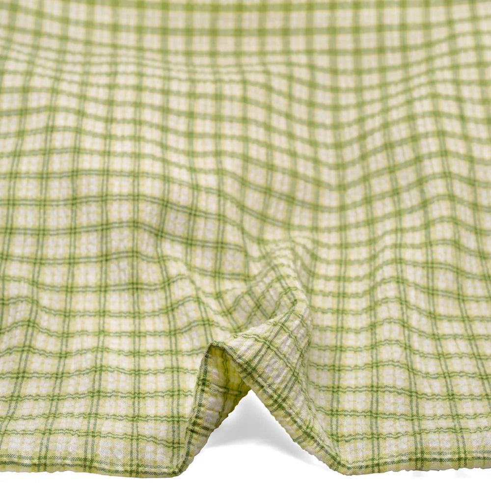 Plaid Hemp Lyocell Blend Seersucker - Sour Apple/White